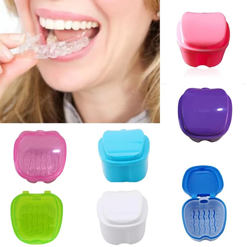 Scatola da bagno per protesi Pulizia scatola di immagazzinaggio per denti finti con contenitore a rete sospesa Custodia per denti artificiali Custodia per fermo ortodontico