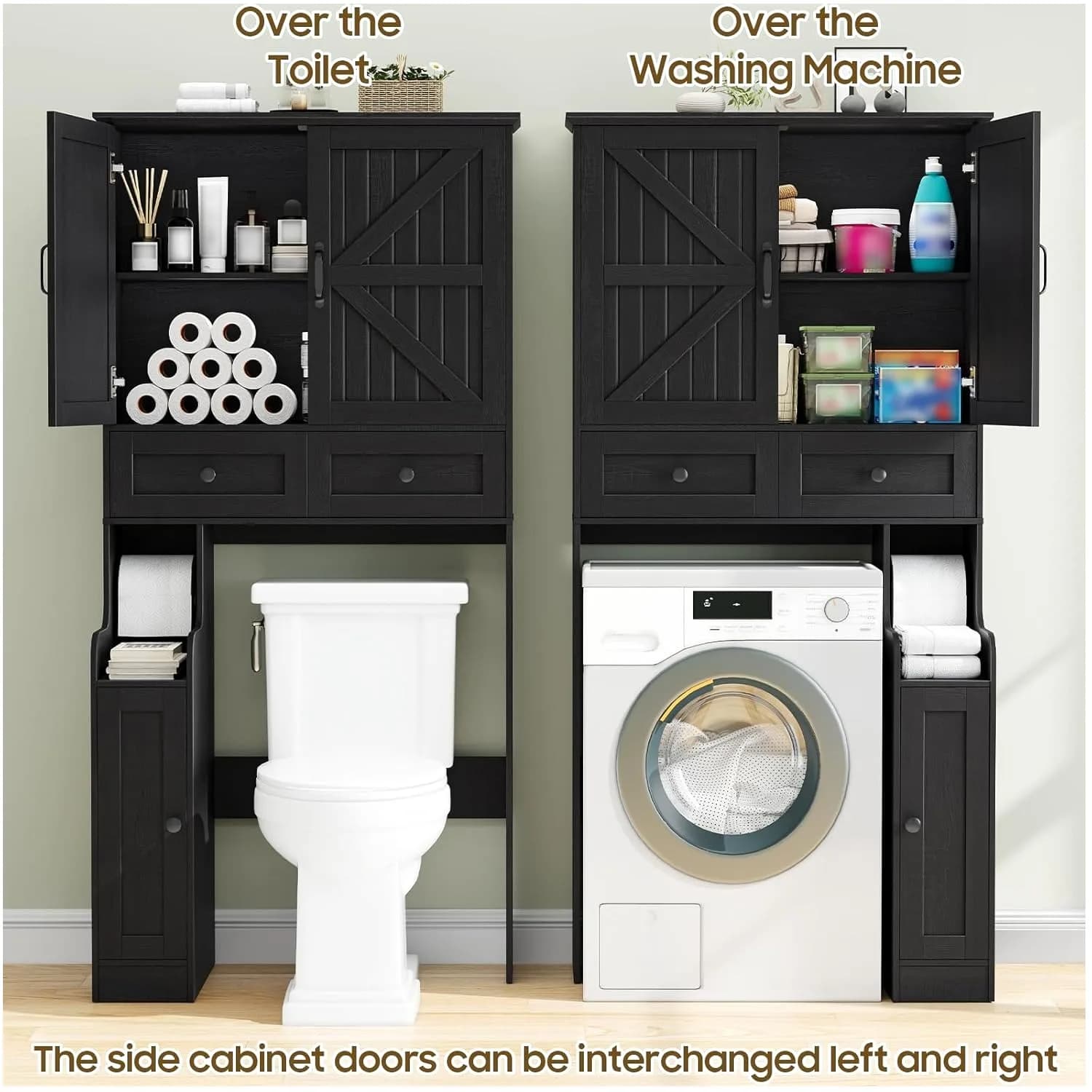 Freestanding Over-Toilet Storage Cabinet – Farmhouse-Style White Bathroom Organizer with Double Doors, Built-in Toilet Paper Holder, Adjustable Shelves & Anti-Tip Stability Design | Space-Saving Freestanding Unit for Small Bathrooms