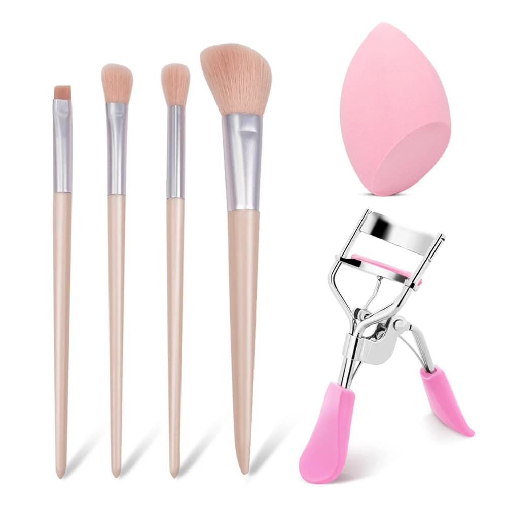 Un set di strumenti per il trucco da 6 pezzi, compresi bigodini, uova di bellezza, pennelli per trucco portatili e un look completo per il trucco con solo