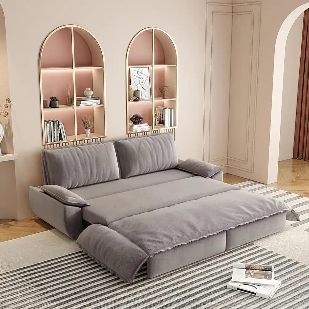 Queen Size 3-in-1 Convertible Velvet Sofa Bed, Sleeper Couch with Pillow Arms for Small Spaces, Grey Living Room Furniture