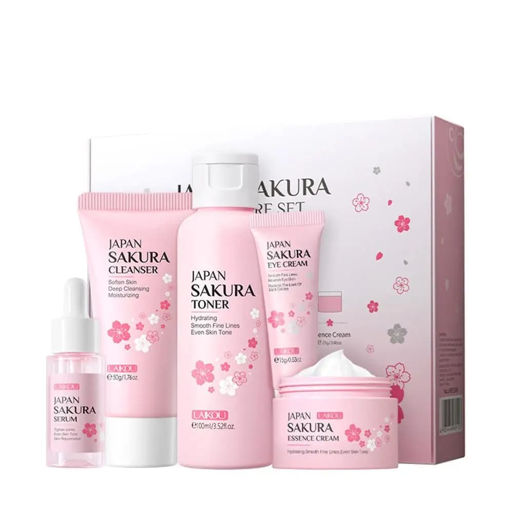 LAIKOU Leather Care Set for Girls, SAKURA Beauty Kit for Women with Detergent, Tonic, Serum, Eye Cream, Face Cream, Travel Set
