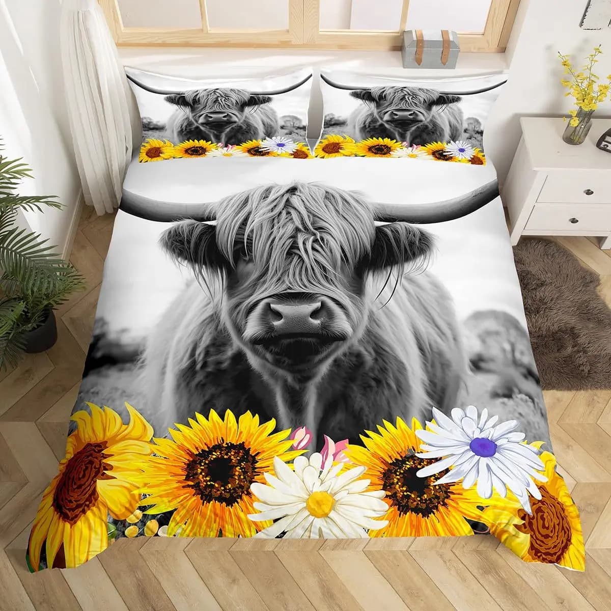 Highland Cattle Duvet Cover Queen Size, Farmhouse Western Wild Animal And Milk Cow Fur Print Comforter Cover With 2 Pillowcases