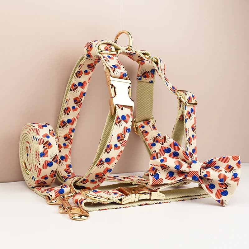 Collare di lusso guinzaglio pettorina per cani logo personalizzato accessori ts collare per cani guinzaglio imbracatura set collare per cani bandiera americana con papillon