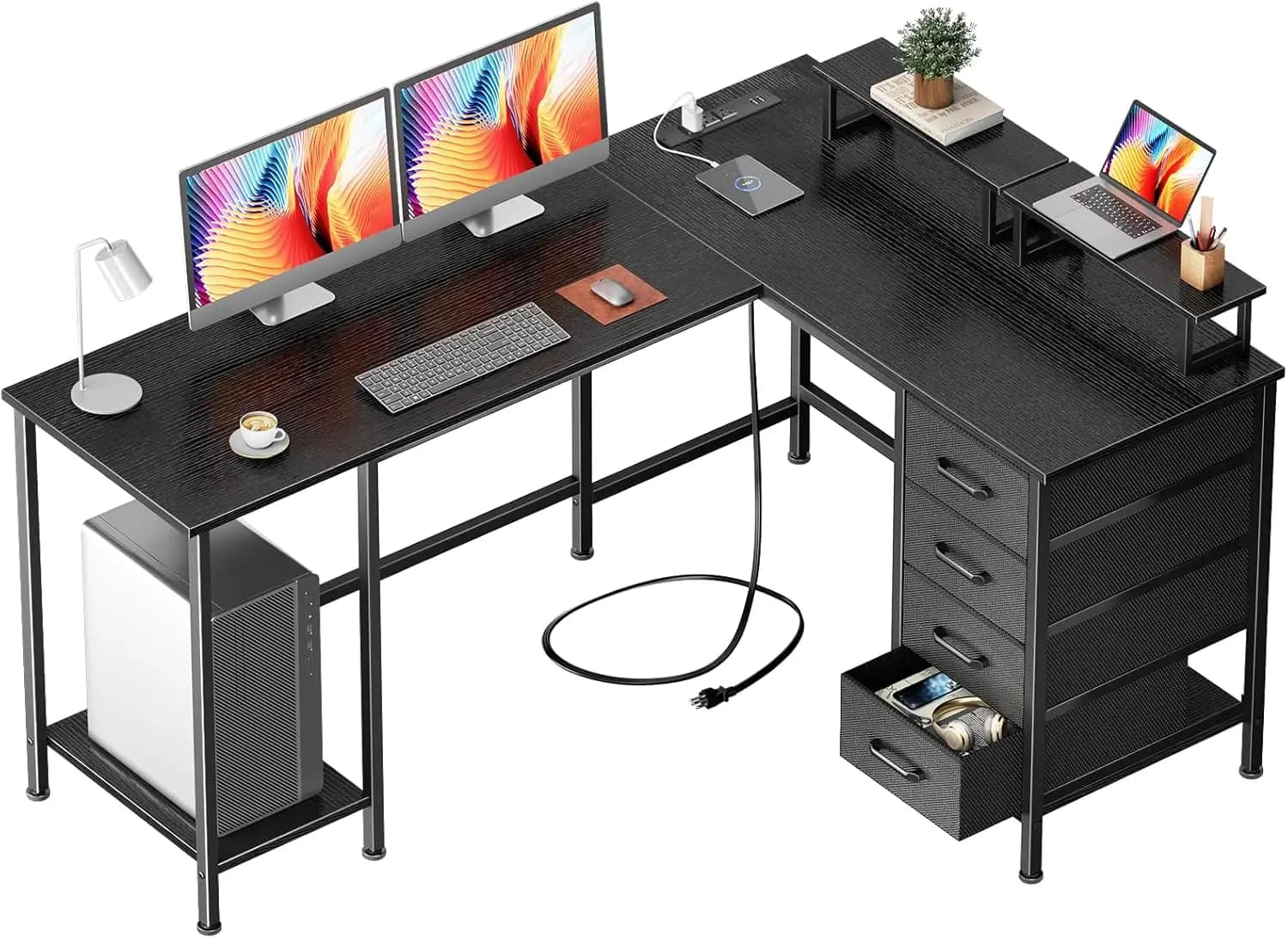 Scrivania a L da 59 Pollici con Prese di Corrente, 4 Cassetti e Supporti per Monitor, Tavolo da Gaming per Ufficio Domestico