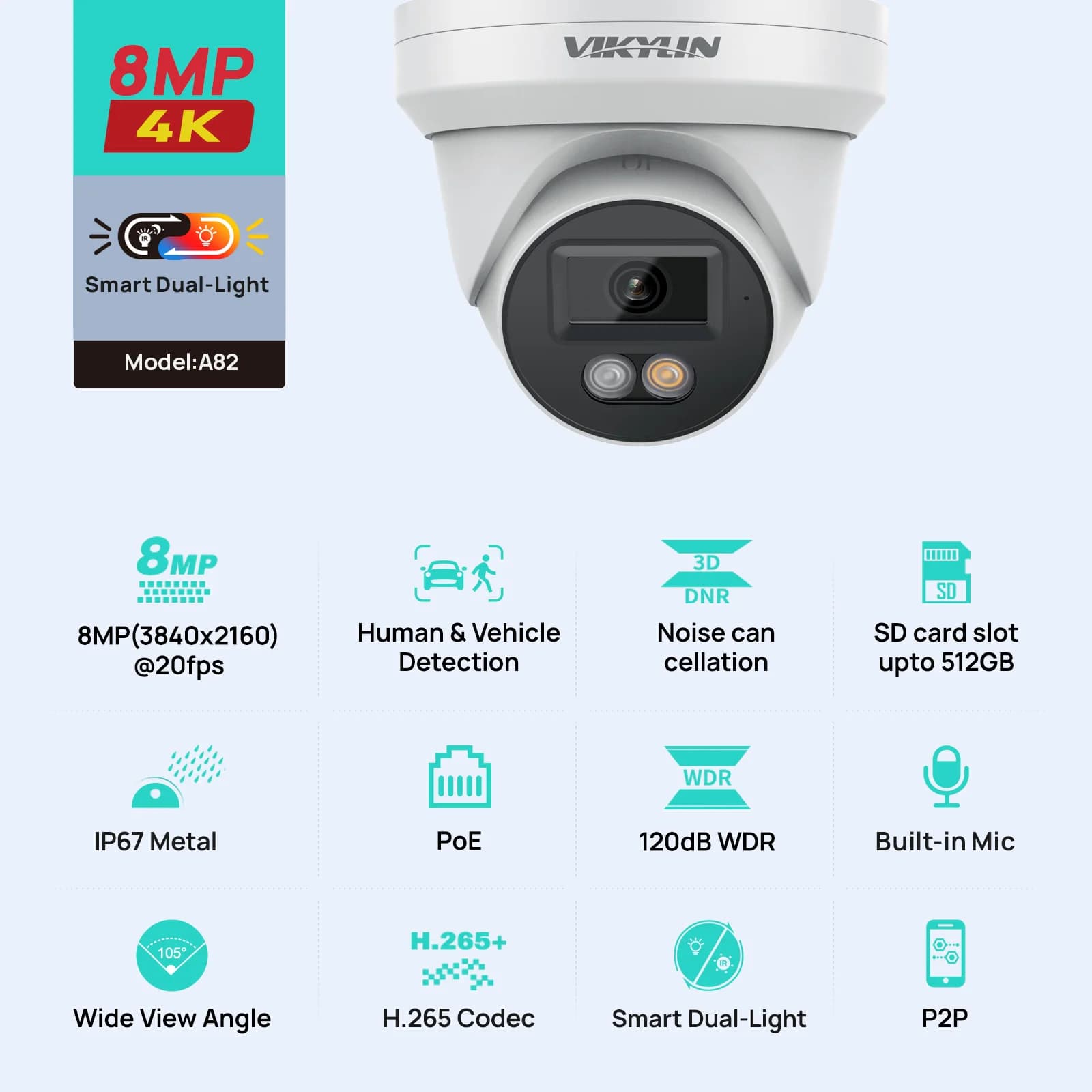 Telecamera di Sicurezza IP VIKYLIN 8MP 4K, Intelligente con Doppia Illuminazione e Audio, Rilevamento Movimento Umano e Veicolare, Supporto Archiviazione SD, ONVIF, POE, IP67