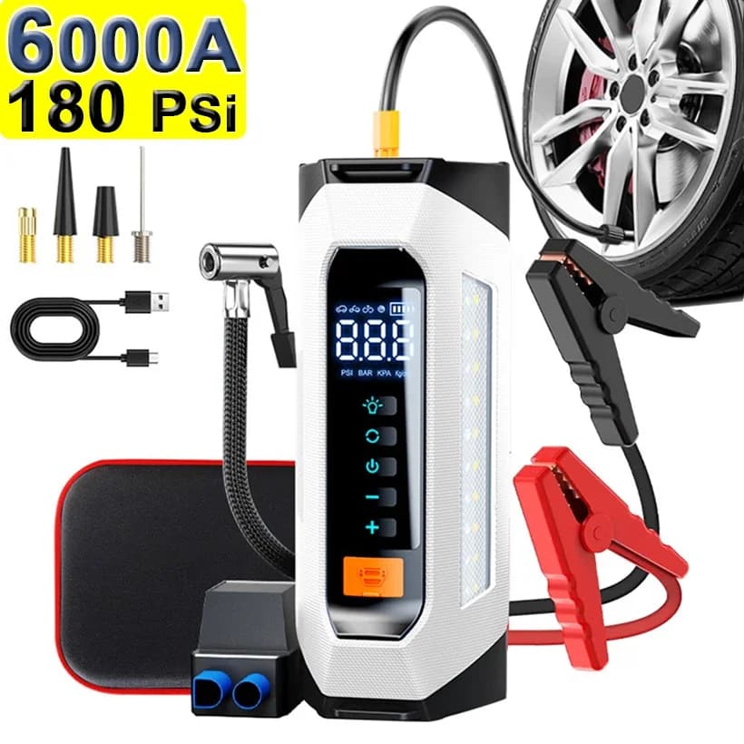 6000A 180psi 5 In1 Batteria di emergenza per auto Luce 12v Booster Dispositivo di avviamento Condensatore Compressore Salto di avviamento con pompa d'aria