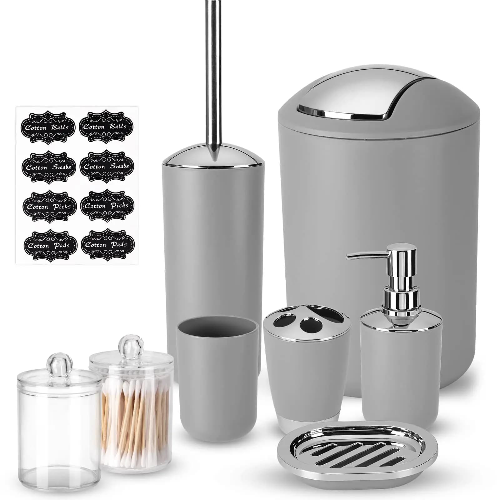 Accessori da bagno, set di accessori da bagno da 8 pezzi con pattumiera, portaspazzolino e tazza, dispenser di sapone e piatto