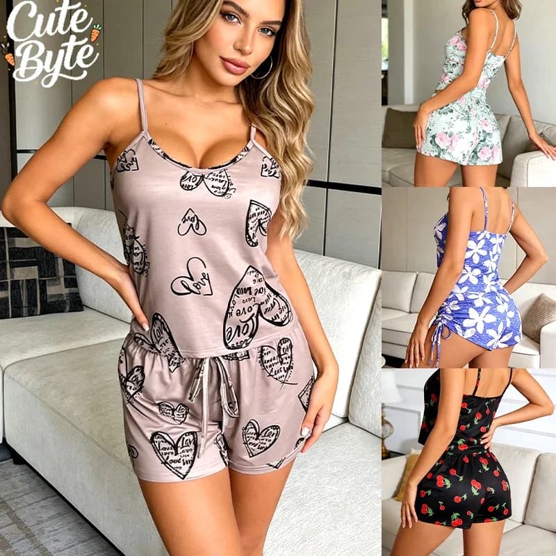 Women Sexy Pajama Ladies Satin Pajama Print Round Neck Ice Silk Top T-Shirt and Shorts Sets Breathable Comfortable Home Wear New