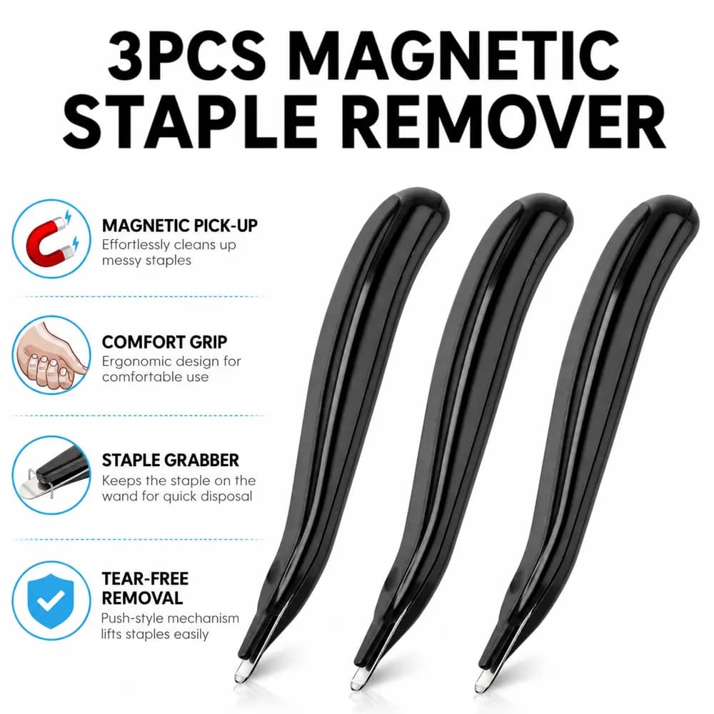 3-Pack Black Magnetic Staple Removers with Metal Tips for Staple Removal, Professional Tools for School, Office and Home Use