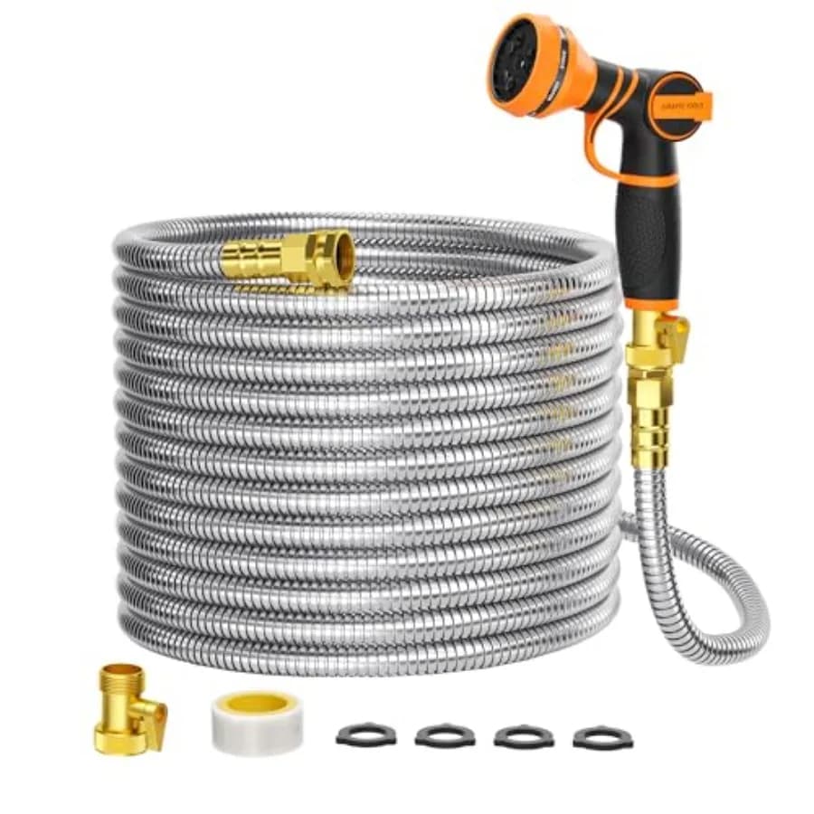 Tubo da Giardino in Acciaio Inossidabile 304 da 30 Metri x 5/8, Flessibile, Leggero, Anti-Piega, con Ugello a 9 Getti per Irrigazione