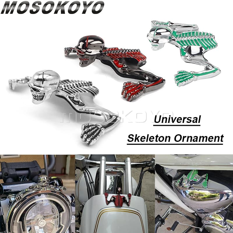 Motorcycle Headlight Visor Front Fender Battery Cover Steel Skull Skeleton Decoration Custom Skeleton Head Ornament Universal