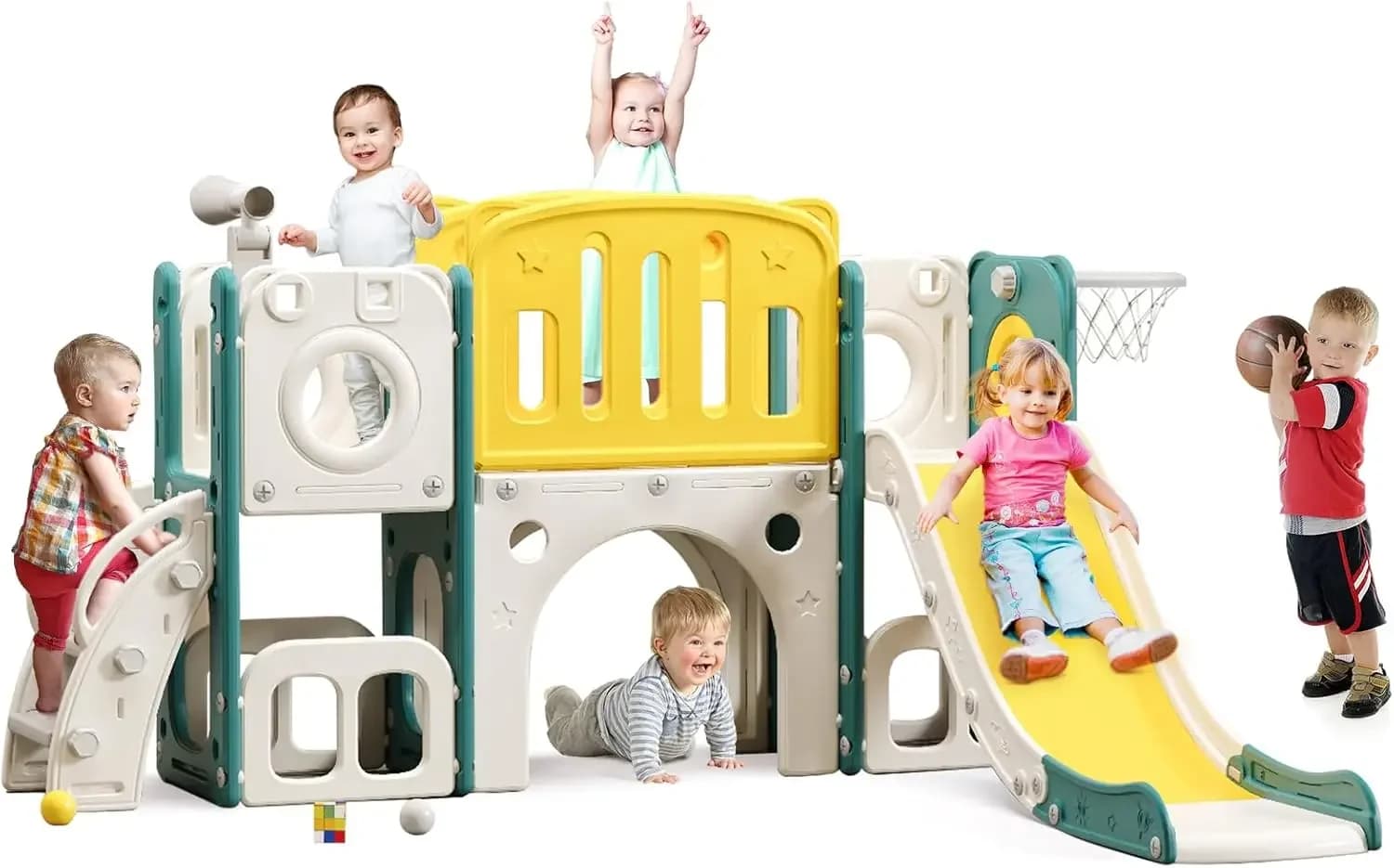 Set Scivolo 8 in 1 per Bambini, Scivolo per Bambini Piccoli, Set Gioco con Scivolo e Arrampicata per Bambini con Canestro da Basket, Parco Giochi per Interni ed Esterni