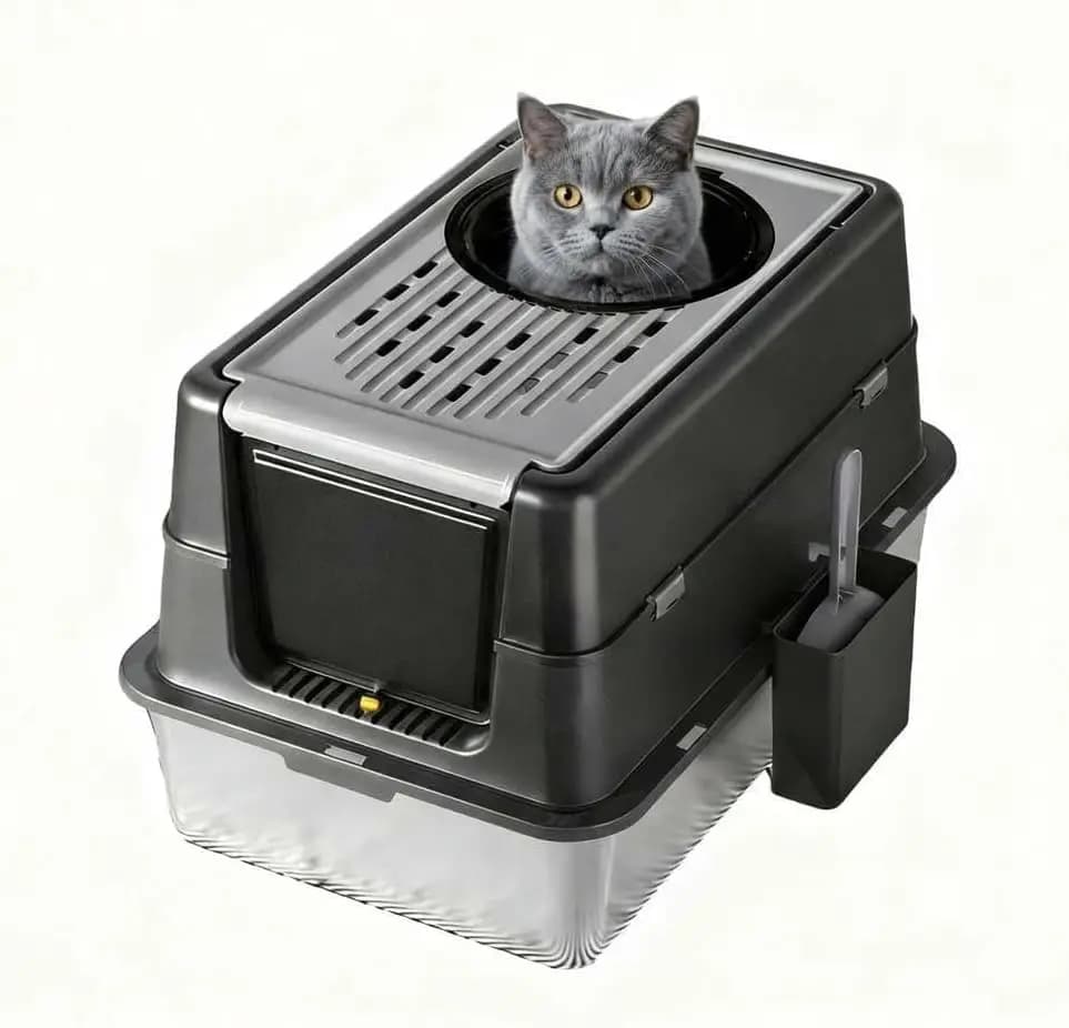 Lettiera per Gatti di Grandi Dimensioni in Acciaio Inossidabile da 60 cm, Lettiera Chiusa per Gatti con Angolo di Visione a 180° ° Coperchio ribaltabile, doppio ingresso