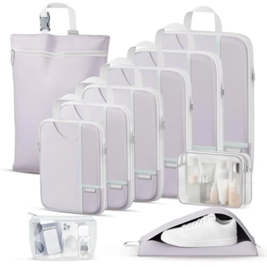 Set of 10 Cubes Compression for Bags in Purple with Bag for Toilet, Bag for Box and Bag for Shoes All in One for Travel