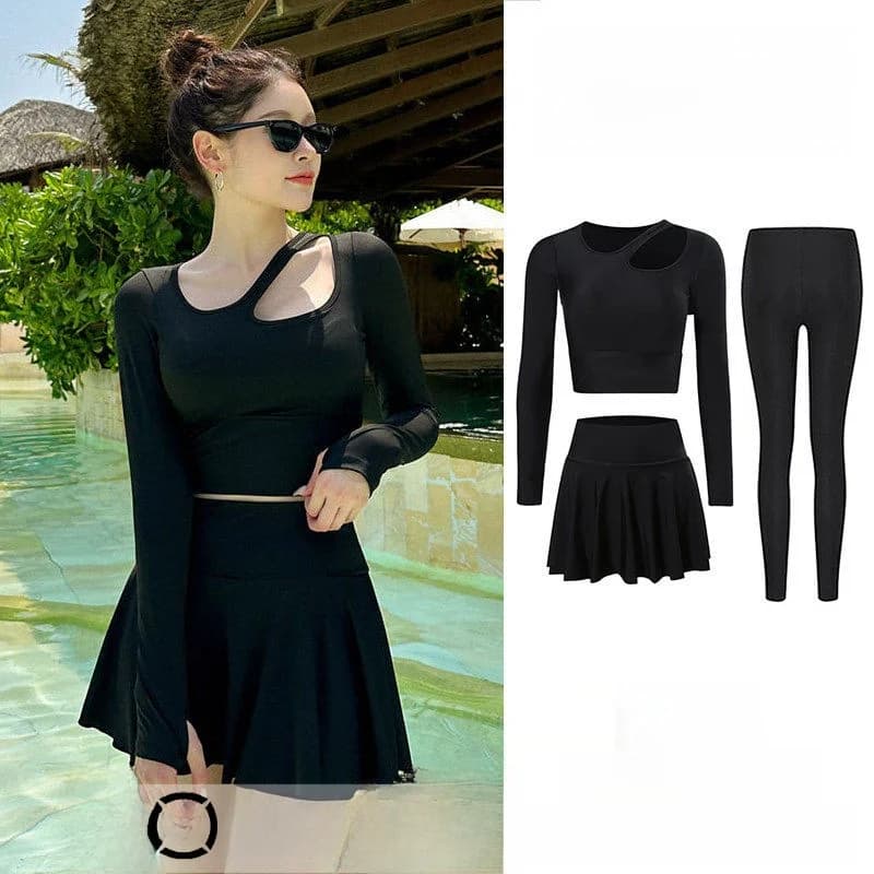 Costume da bagno intero da donna a maniche lunghe con gonna separata, vita alta, modellante, per studentesse, protezione solare, per immersioni, conservativo, per piscina e sorgenti termali