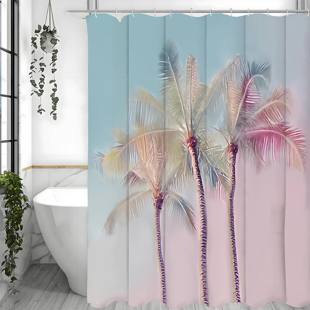 Tenda da doccia con piante tropicali, tenda da doccia con palmo turchese al tramonto, tenda da doccia decorativa per bagno da spiaggia estiva, impermeabile