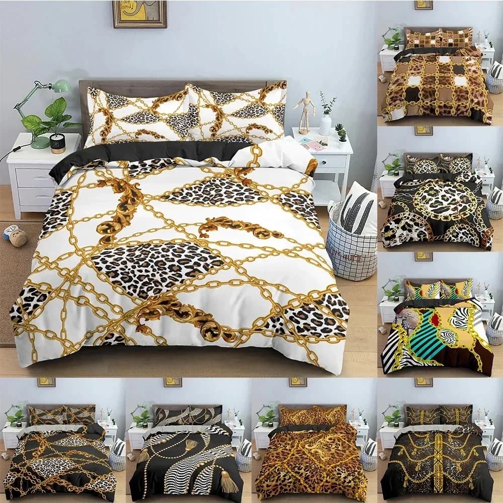 Set copripiumino con catene dorate e motivo leopardato, copripiumino morbido per camera da letto, misure singolo e matrimoniale, tessili per la casa