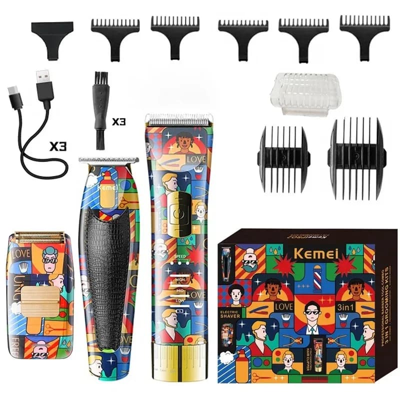 Kemei Professional Haircuts Rechargeable USB Combo Haircut Razor Blade Kit Electric Shaver for Wireless Haircuts