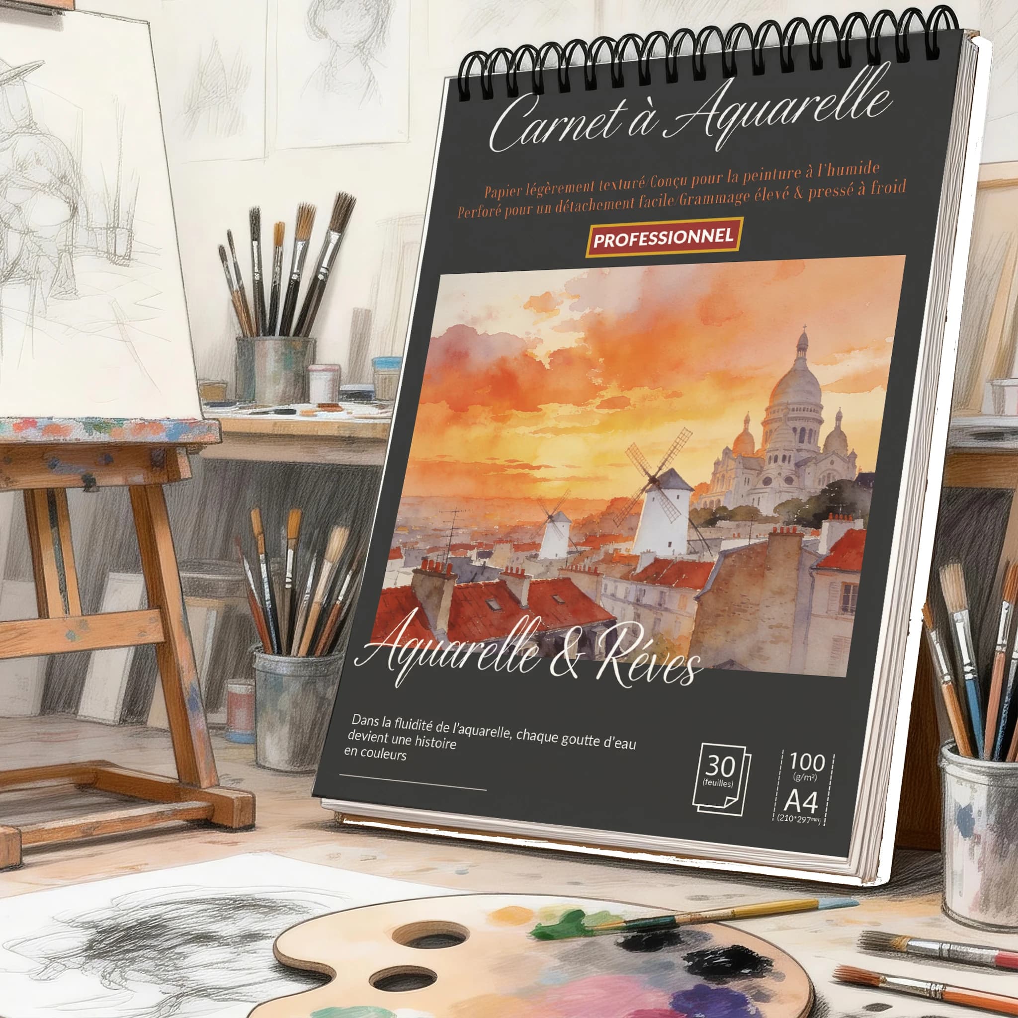 Spiral Bound Art Sketch Book A4 Black Hardcover Paris Cityscape Print, 100 GSM Acid-Free Paper Pad – Ideal for Artists & S