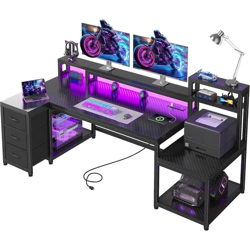 L-Shaped Gaming Desk with 3 Drawers, Monitor Stand, LED Light, and Printer Shelf in Black Carbon Fiber for Home Office