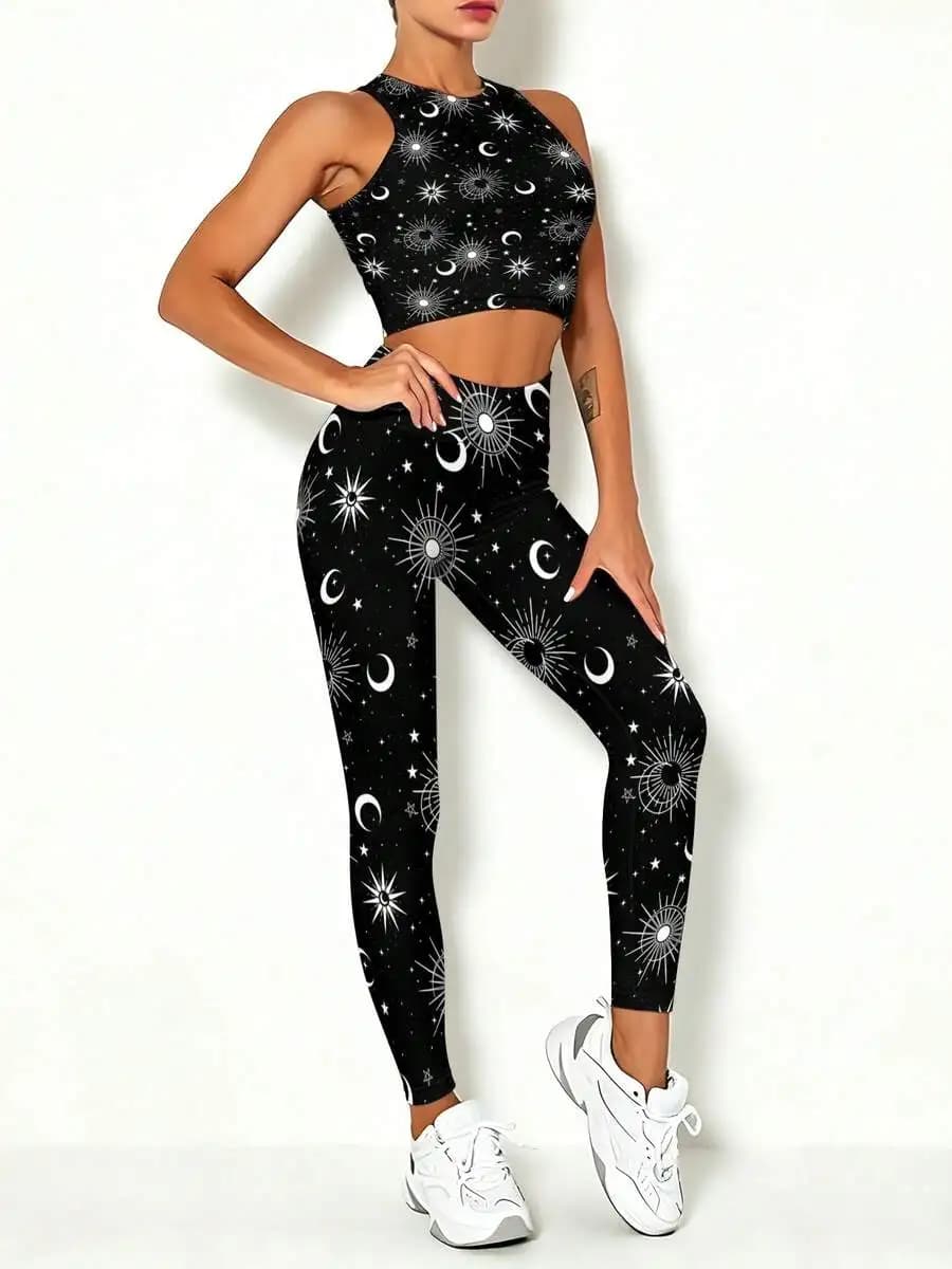 Women Cosmic Print Yoga Set Quick Dry Vest And Leggings Star Moon Sunburst Pattern