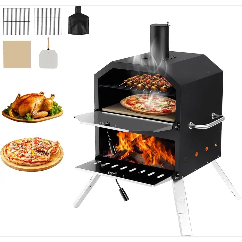 Forno per Pizza da Esterno 16'' Grande, a Legna, a 2 Livelli, con Pietra Refrattaria, Pala, Griglia e Copertura