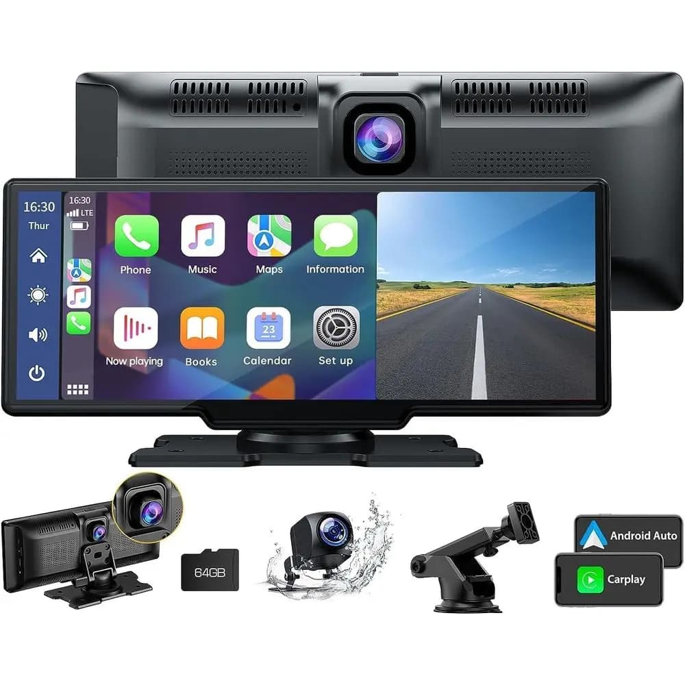 CarPlay and Android Car Wireless, Dash Cam 2.5K, Rear Camera 1080P, GPS Portable with Touchscreen, Bluetooth Stereo Auto Receiver with Air Conditioning