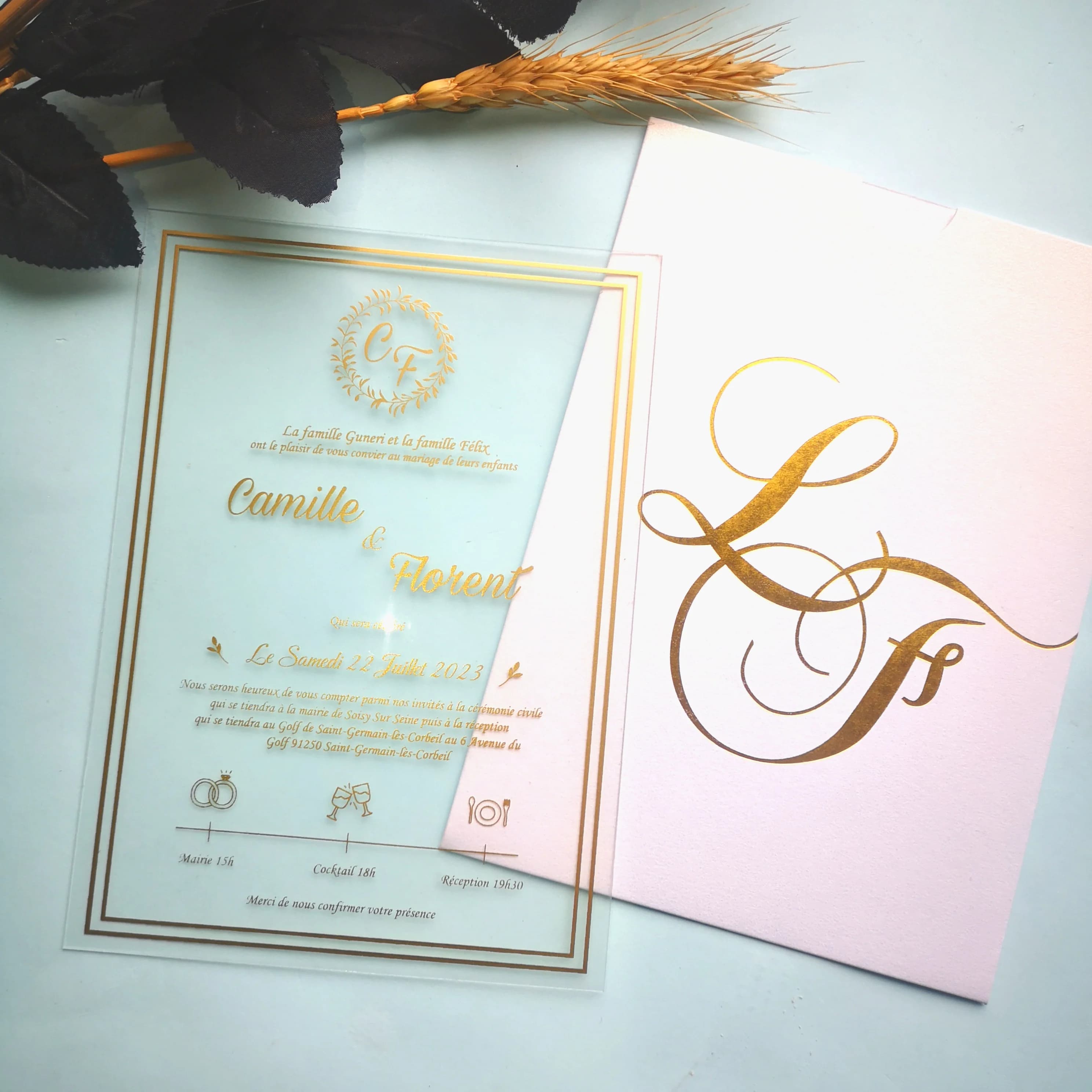 Inviti in acrilico trasparente con stampa timbro oro lucido, trasparente, personalizzato, personalizzato, inciso al laser, biglietto di nozze, gratuito, 30 pezzi