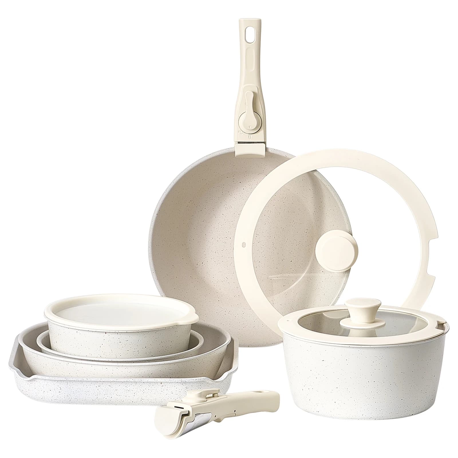 SucceBuy Set di pentole e padelle da 17 pezzi Set di pentole per camper da cucina con manico staccabile antiaderente, con frittura, salsa, soffritare la temperatura