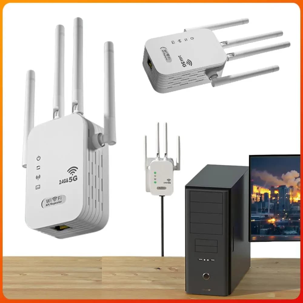 Ripetitore WiFi Wireless 1200Mbps con Porta WAN/LAN, Amplificatore di Segnale WiFi Dual-Band 2.4GHz/5GHz, 4 Antenne per Casa e Piccolo Ufficio