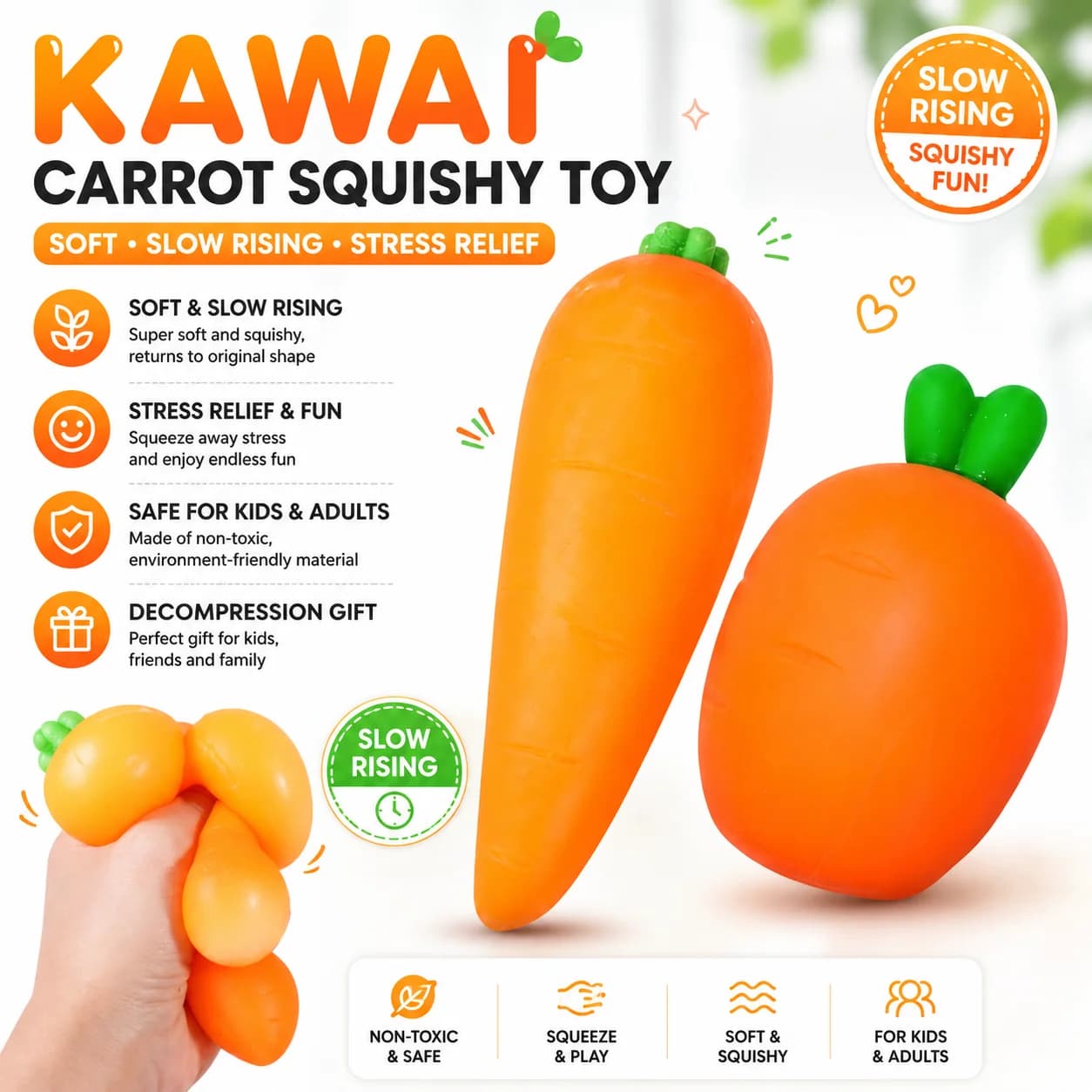 Giocattolo Squishy a Forma di Carota Kawaii, Morbido e a Lenta Risalita, Simulazione di Verdura, Antistress, Giocattoli Fidget per Bambini e Adulti, Regalo per la Decompressione