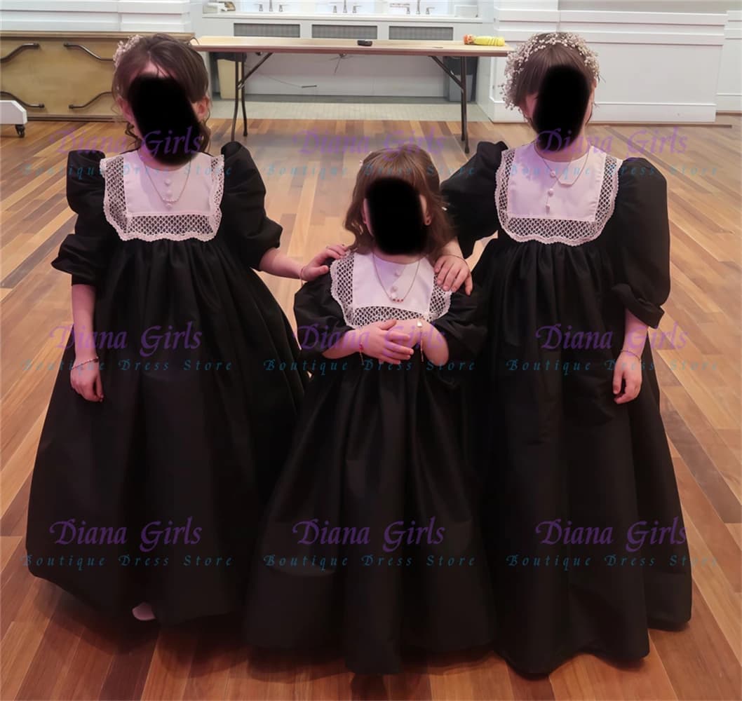 Elegante Abito da Damigella Nero in Raso con Applicazioni in Pizzo Bianco per Feste di Compleanno e Serate di Gala per Bambine