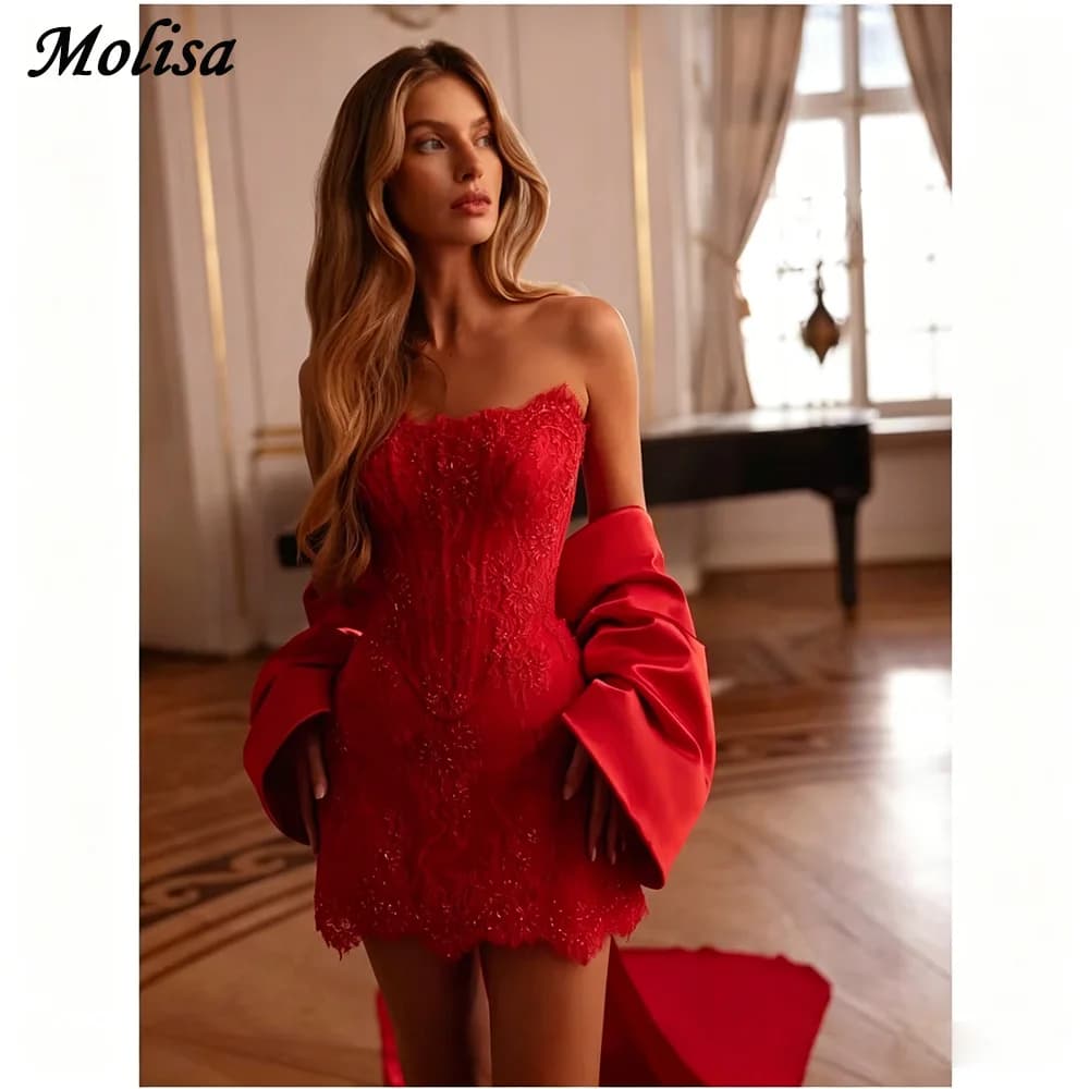 Customized Formal Evening Gowns Sexy Red Strapless Mini Skirt Prom Dresses Beading Appliques Bows With Shawl Party Dresse