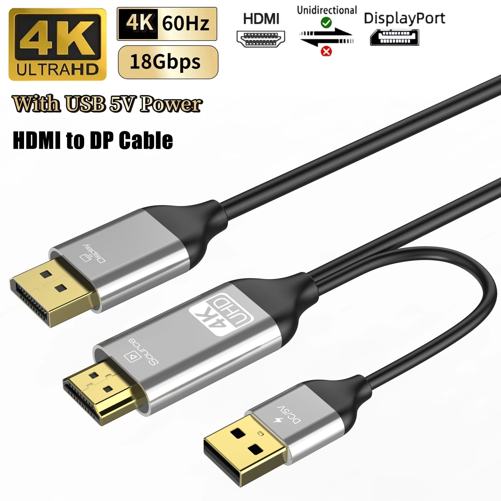 HDMI cable compatible with DisplayPort 4K to 60 Hz cable for DP display monitor for PS5 Xbox laptop PC with 1080P USB power cord
