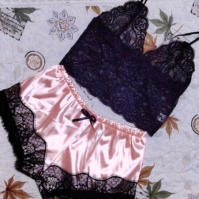 1 pigiama Set da notte in pizzo da donna Lingerie Crop top e pantaloncini Babydoll pigiama intimo da notte