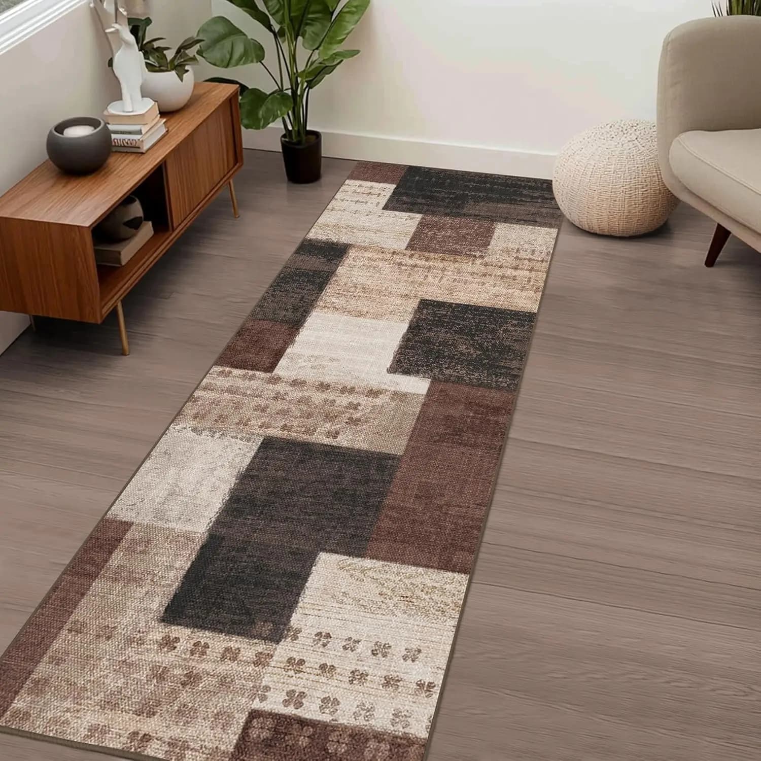 Modern Geometric Runner Rugs Brown Retro Patchwork Area Carpet Living Room Hallway Entrance Door Mat Bedside Office Floor Mat