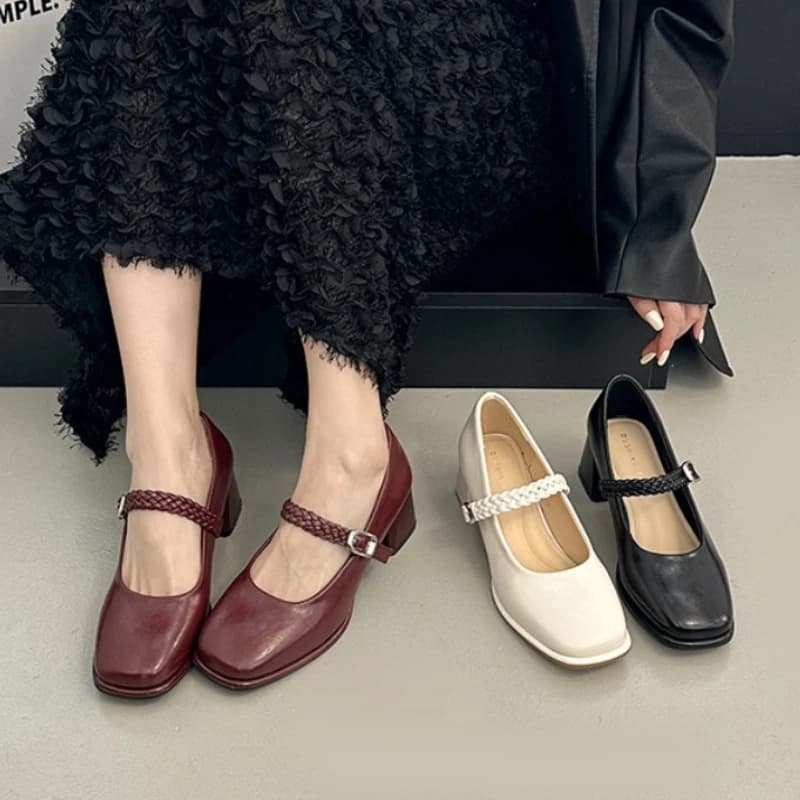 Scarpe Mary Jane da donna con tacco spesso e punta quadrata, eleganti con fibbia, in pelle, perfette per matrimoni e feste