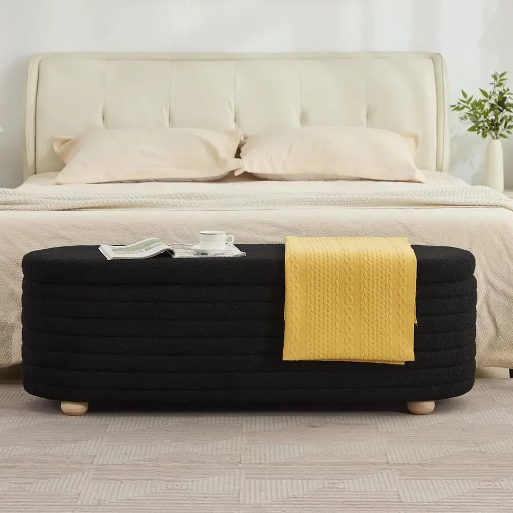 Panca contenitore imbottita in tessuto Teddy, sgabello da fondo letto con cerniera di sicurezza per camera da letto, soggiorno, ingresso