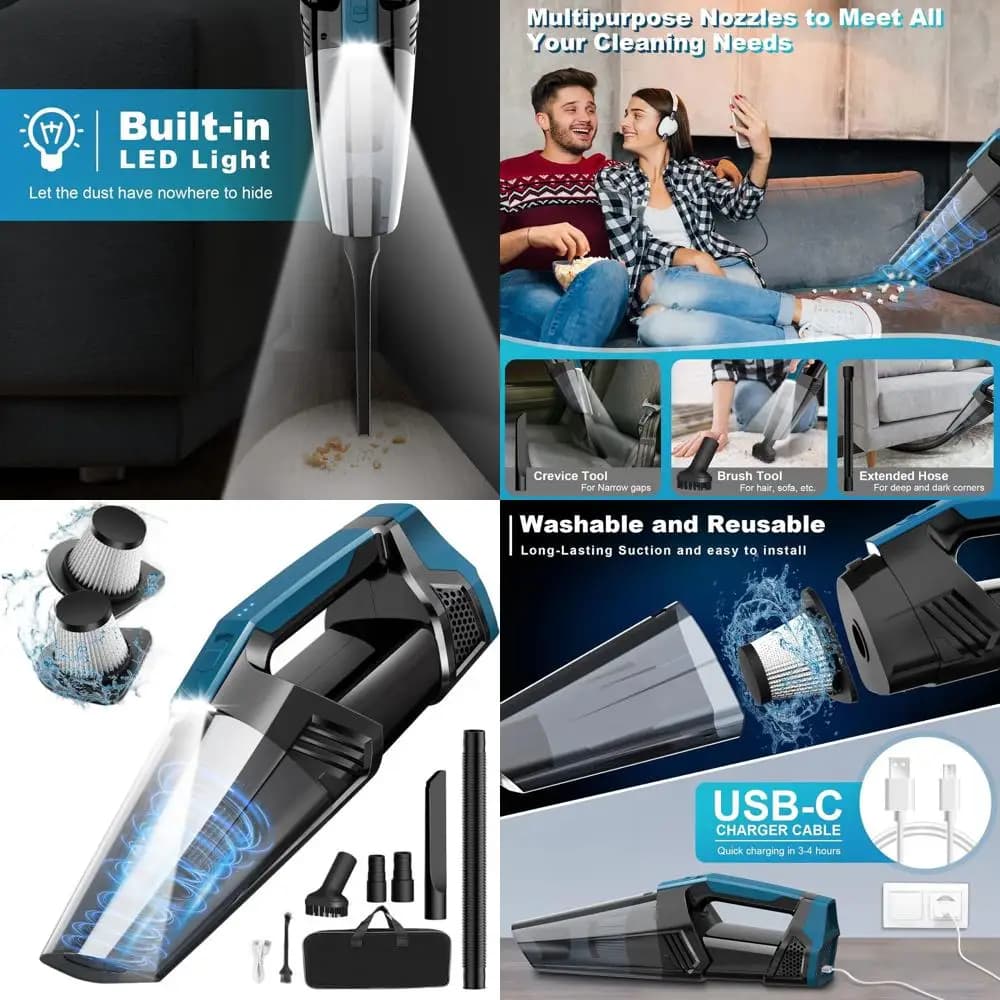 High-power portable vacuum cleaner with LED light, ideal for car, home, office and removal of pet hair, black and blue