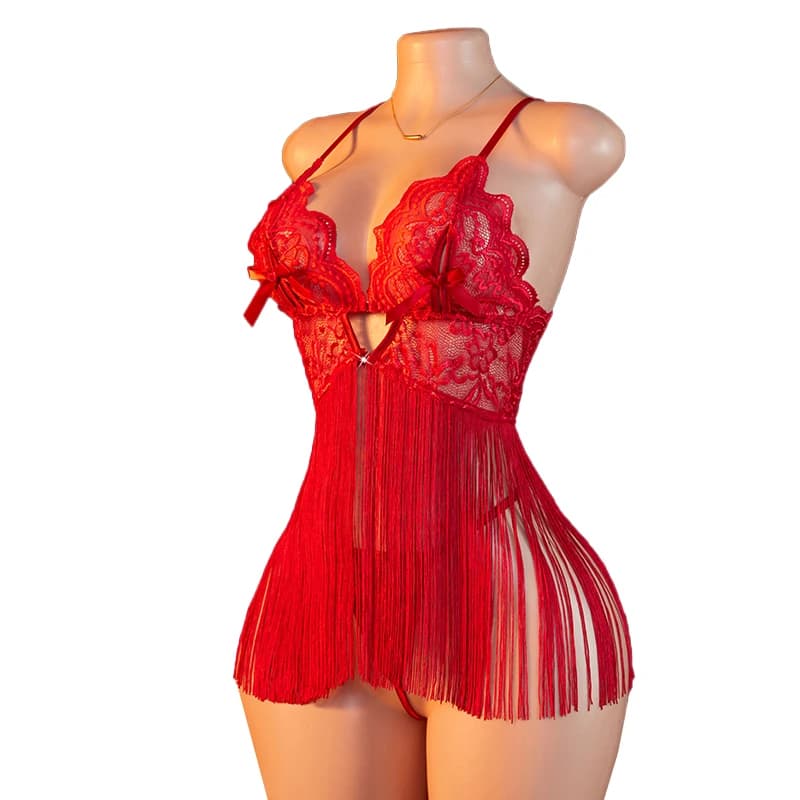 Transparent Lace Women Red Strap Tassel Skirt Nightgown Thong Set Underwear Deep V Bow Bra Sexy Lingerie