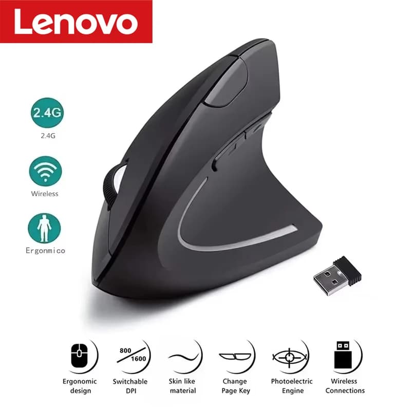 Mouse verticale wireless Lenovo 2.4G Bluetooth, mouse ergonomico con impugnatura laterale personalizzata, DPI regolabile, mouse da gaming silenzioso