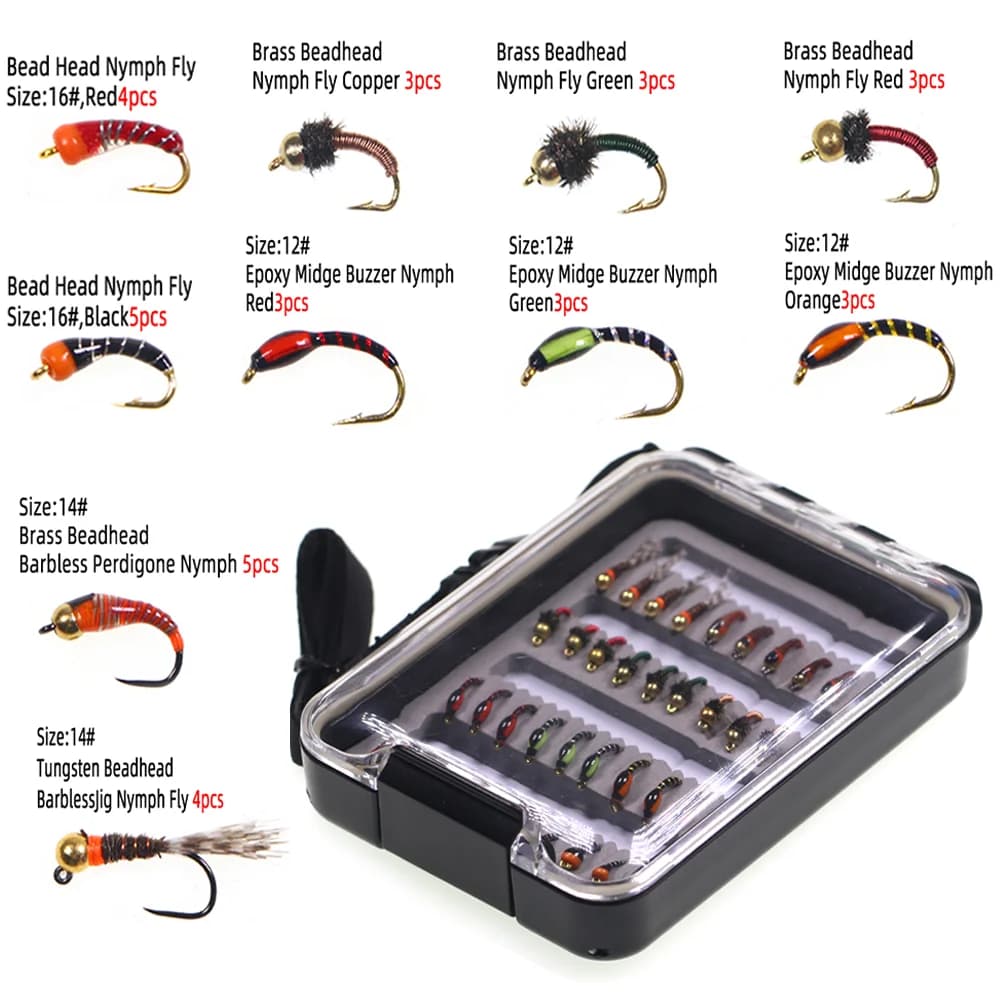 Kit di 36 Mosche Artificiali per la Pesca a Mosca con Buzzer in Resina Epossidica, Ninfa Perdigone, Assortimento di Ninfe per Trota, Spigola e Persico - Esche Artificiali