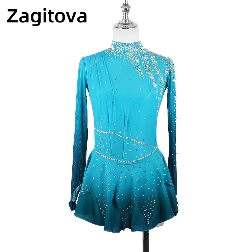 Zagitova Abito da pattinaggio di figura Donna Ragazza Gonna da pattinaggio su ghiaccio Concorso di prestazioni Splendida gonna a rete sfumata blu