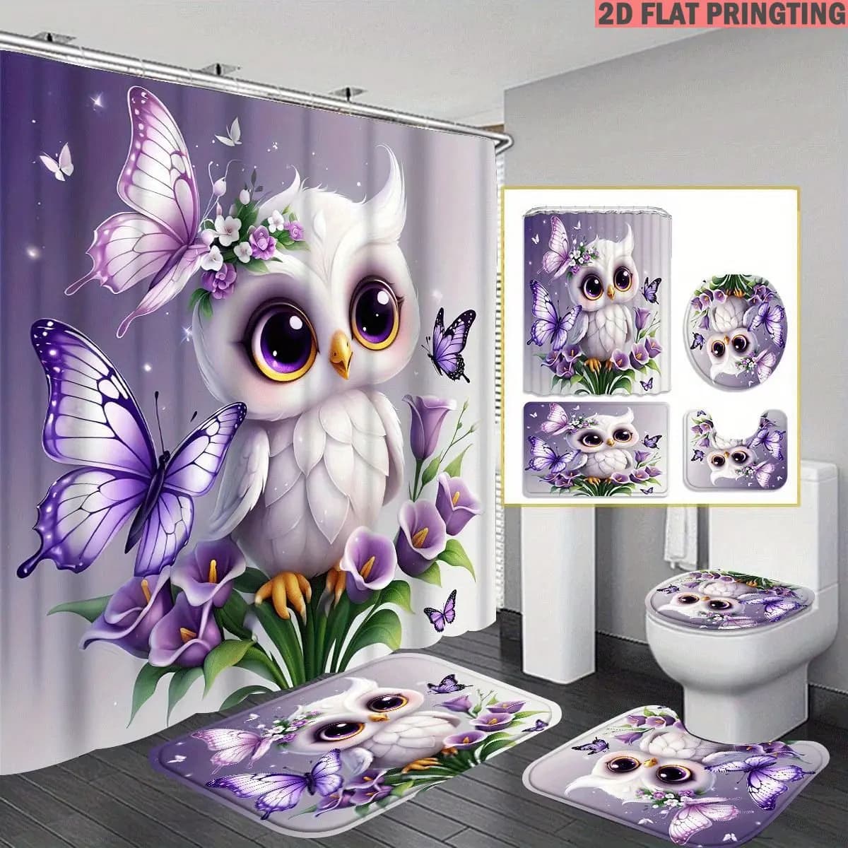 1pc/4pcs Shower Curtain and Bath Mat Set with print pattern Owl Butterfly Flower Purple White Non-Slip Bathroom Decor