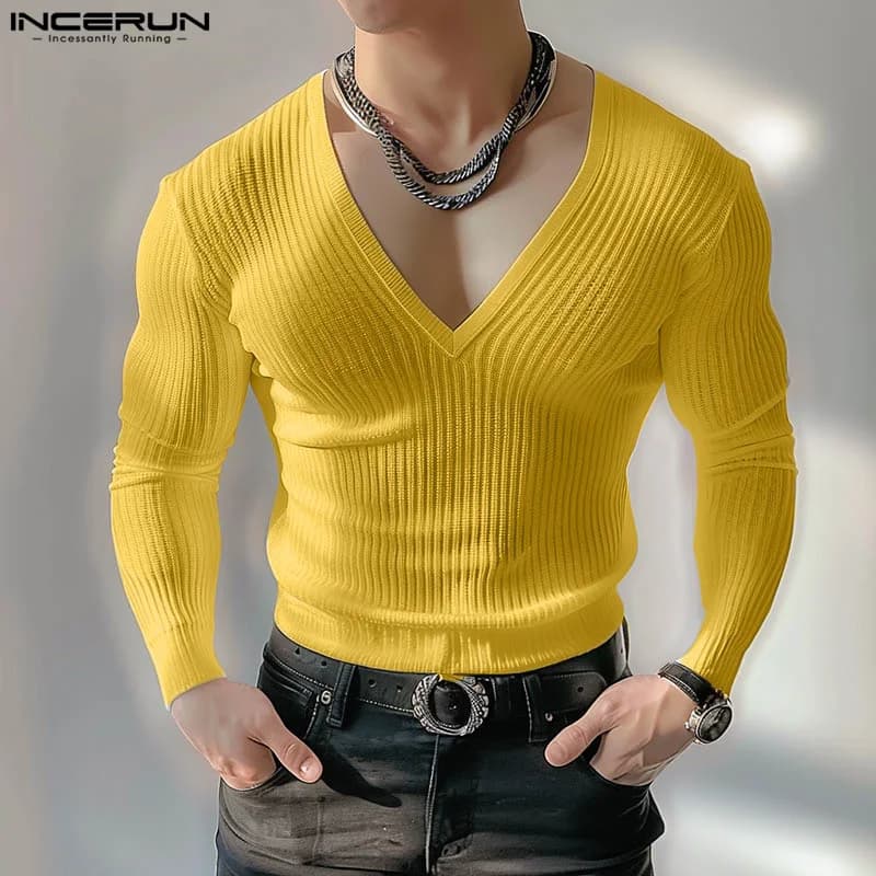 Top belli e ben aderenti INCERUN 2024 T-shirt lavorate a maglia con scollo a V solido da uomo Estate Casual Streetwear Camiseta a maniche lunghe S-5XL