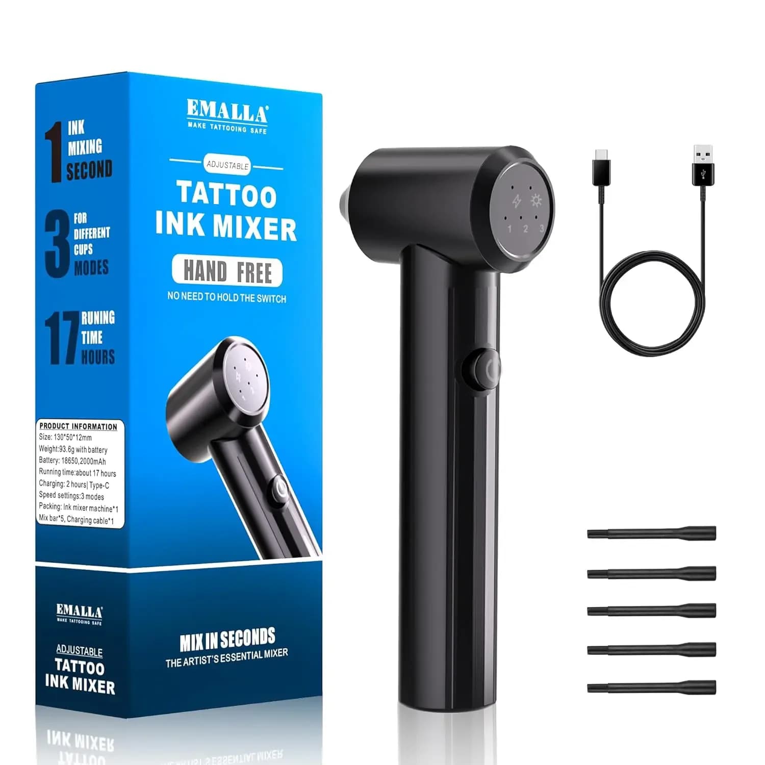 EMALLA Miscelatore per Inchiostro da Tatuaggio 2000mAh, Agitatore per Pigmenti con 5 Bastoncini Miscelatori, Accessori per Tatuaggi