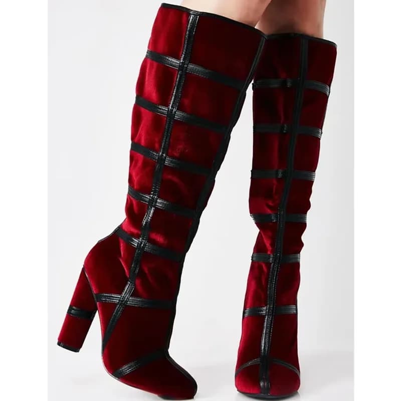 Red checkered Leather Pathwork Long Boots Sexy Round Toe Zipper Square Heel Customized New Arrivals Fashion Women Modern Boots