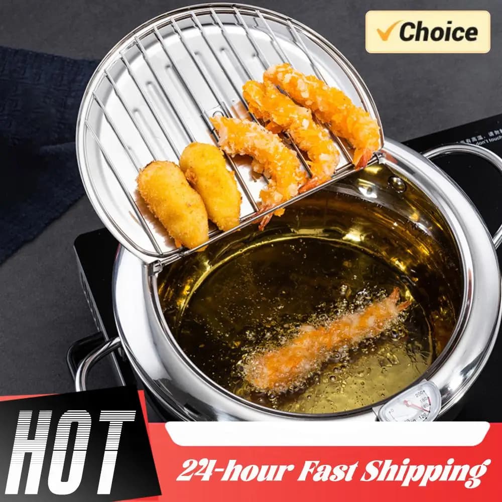 Japanese Style Frying Pen with Thermometer and Stainless Steel Oil Drainage Grid for Tempura