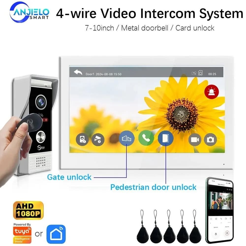 ANJIELO SMART Sistema Videocitofonico a 4 Fili da 7 Pollici 1080P, Campanello in Metallo con RFID, WiFi Tuya, Visione Notturna per Sicurezza Domestica