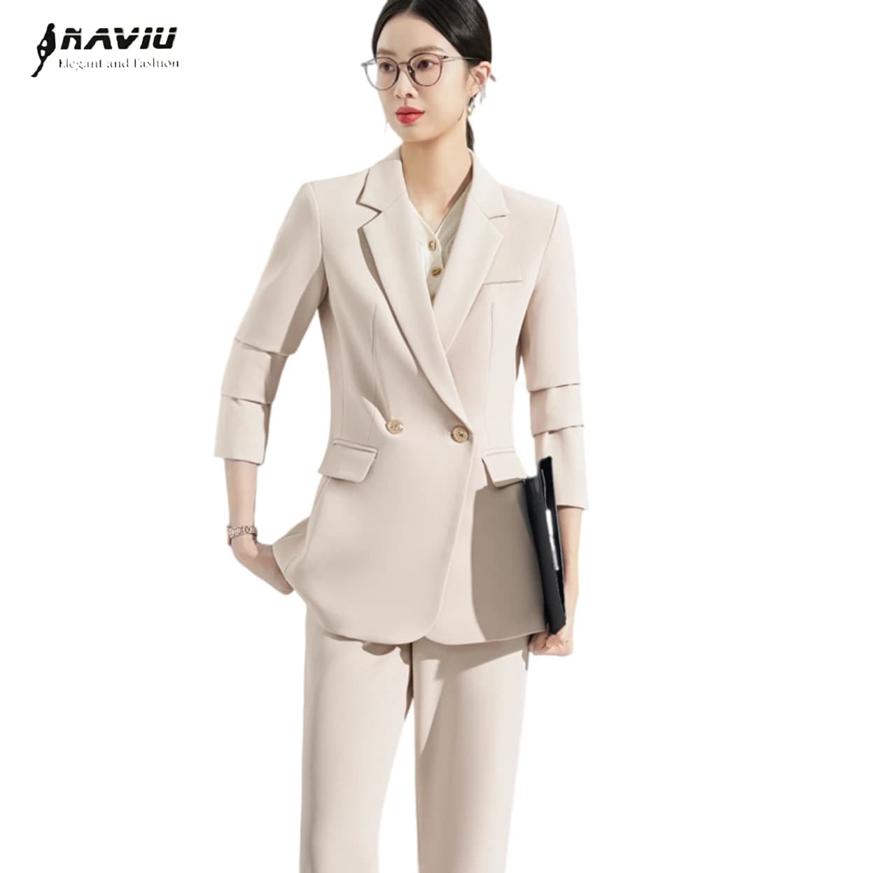 NAVIU Women Pant Suit Gray Apricot Black Solid Office Ladies Female Business Work Wear 2 Piece Set Formal Blazer And Trouser
